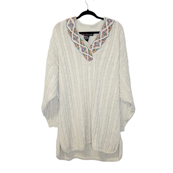 Vintage Sweaters - Vintage 90s Cream Multicolored Beaded Silk Knit Sweater Dress